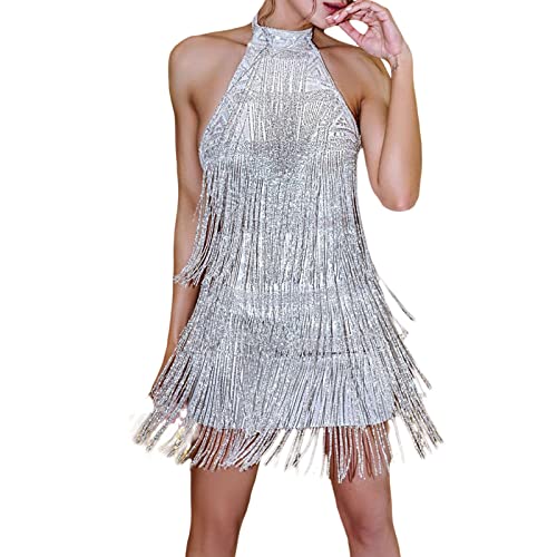 Yassiglia Damen Fransenkleid Elegant Glitzerkleid Sexy Mini Kleid Festlich Kleider mit Pailletten Quasten Vinatge 20er Jahre Kostüm Sommer Ärmellos Partykleid (Silber B, XL) von Yassiglia