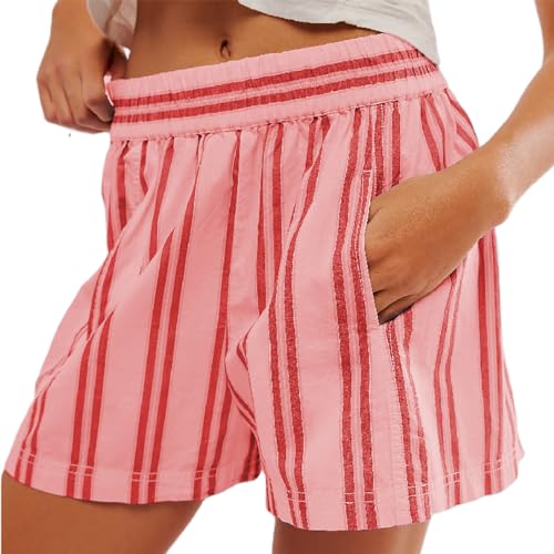 Yassiglia Damen Gestreifte Shorts Y2K Lounge Shorts Leichte Kurze Sommerhose Lässige Elastische Taille Pyjama Shorts Sommer Weites Bein Pyjamahose (Rot B, M) von Yassiglia