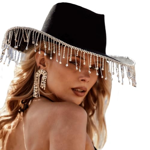 Yassiglia Damen Glitzer-Cowboyhut mit breiter Krempe, Strass, Quasten, Westernhut, große Kappe, Cowgirl-Hut für Club-Party, Schwarz und Glitzer, Einheitsgröße von Yassiglia