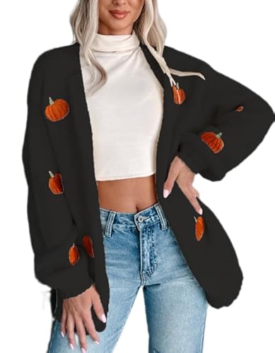 Yassiglia Damen Halloween Strickjacke Elegant Lang Cardigan V-Ausschnitt Kürbis Druck Strickpullover mit Knopf Herbst Casual Knit Pullover Halloween Outfit (Schwarz, XL) von Yassiglia