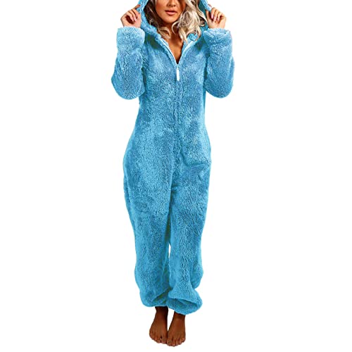 Yassiglia Damen Herbst Winter Elegant Overall Einteiler Fleece Pyjama Warm Plüsch Schlafanzug Frauen Nachtwäsche Langarm Hooded Jumpsuit Homewear S-5XL (Blau, XL) von Yassiglia