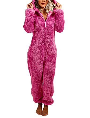 Yassiglia Damen Herbst Winter Elegant Overall Einteiler Fleece Pyjama Warm Plüsch Schlafanzug Frauen Nachtwäsche Langarm Hooded Jumpsuit Homewear S-5XL (Dunkel Rosa, XXL) von Yassiglia