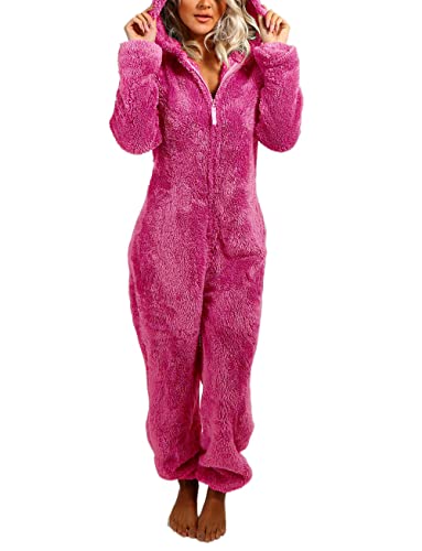 Yassiglia Damen Herbst Winter Elegant Overall Einteiler Fleece Pyjama Warm Plüsch Schlafanzug Frauen Nachtwäsche Langarm Hooded Jumpsuit Homewear S-5XL (Dunkel Rosa, XXXL) von Yassiglia