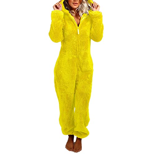 Yassiglia Damen Herbst Winter Elegant Overall Einteiler Fleece Pyjama Warm Plüsch Schlafanzug Frauen Nachtwäsche Langarm Hooded Jumpsuit Homewear S-5XL (Gelb, M) von Yassiglia