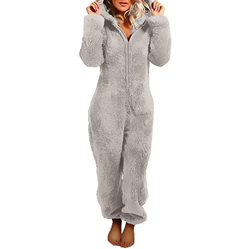 Yassiglia Damen Herbst Winter Elegant Overall Einteiler Fleece Pyjama Warm Plüsch Schlafanzug Frauen Nachtwäsche Langarm Hooded Jumpsuit Homewear S-5XL (Grau, M) von Yassiglia