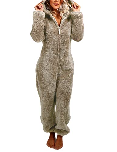 Yassiglia Damen Herbst Winter Elegant Overall Einteiler Fleece Pyjama Warm Plüsch Schlafanzug Frauen Nachtwäsche Langarm Hooded Jumpsuit Homewear S-5XL (Khaki, XL) von Yassiglia