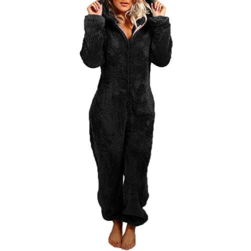 Yassiglia Damen Herbst Winter Elegant Overall Einteiler Fleece Pyjama Warm Plüsch Schlafanzug Frauen Nachtwäsche Langarm Hooded Jumpsuit Homewear S-5XL (Schwarz, S) von Yassiglia