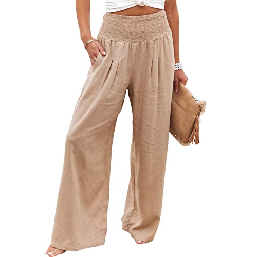 Yassiglia Damen High Waist Weit Beine Hose Elegant Lang Freizeithose Locker Stretch Schlaghose Große Größen S-2XL (Khaki, Medium) von Yassiglia