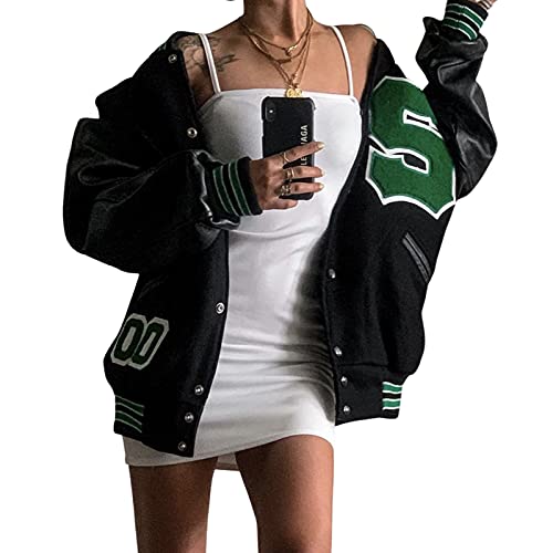 Yassiglia Damen Jacke Elegant Winter Baseball Jacke für Frauen College Jacke Mädchen Vintage Boyfriend Bomberjacke Locker Warm Casual Modisch Oversize S-XL (Schwarz Grün, Small) von Yassiglia