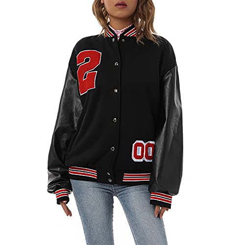 Yassiglia Damen Jacke Elegant Winter Baseball Jacke für Frauen College Jacke Mädchen Vintage Boyfriend Bomberjacke Locker Warm Casual Modisch Oversize S-XL (Schwarz Rot, Small) von Yassiglia