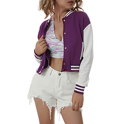 Yassiglia Damen Jacke Kurz Sweatjacke Baseball Jacke für Frauen College Jacke Mädchen Y2K Jacke Sportjacke Ohne Kapuze Vintage Bomberjacke S-XL (Lila, Medium) von Yassiglia