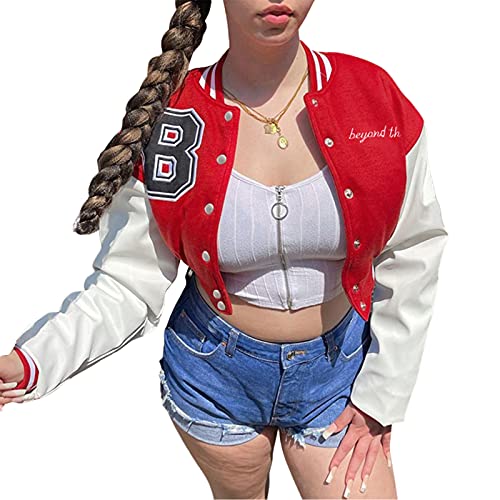 Yassiglia Damen Jacke Kurz Sweatjacke Baseball Jacke für Frauen College Jacke Mädchen Y2K Jacke Sportjacke Ohne Kapuze Vintage Bomberjacke S-XL (Rot, Medium) von Yassiglia