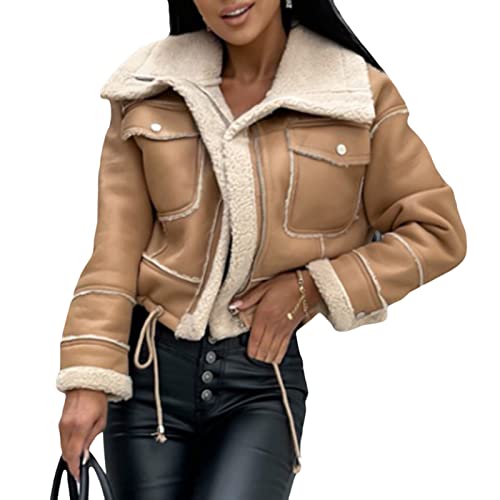 Yassiglia Damen Jacke Warm Elegant Kunstlederjacke Herbst Winter Bikerjacke Vintage Dicke Winterjacke Fleece Leder Patchwork Jacke Kurzer Mantel (Dunkel Khaki, L) von Yassiglia