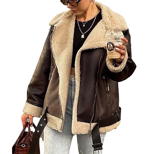 Yassiglia Damen Jacke Warm Elegant Kunstlederjacke Herbst Winter Bikerjacke Vintage Dicke Winterjacke Fleece Leder Patchwork Jacke Kurzer Mantel (Schwarz Braun, XS) von Yassiglia