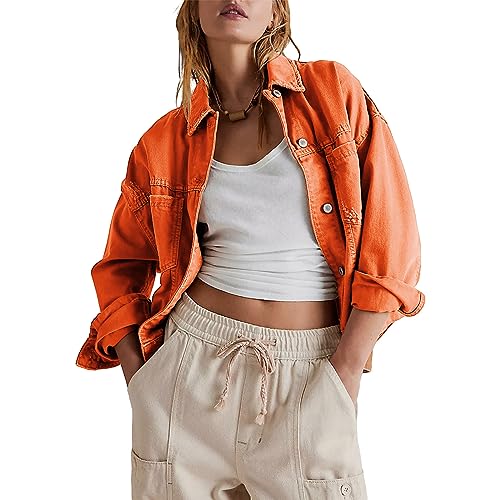 Yassiglia Damen Jeans Jacke Langarm Kurze Jeansjacke Vintage Aesthetic Jacken Leichte Übergangsjacke für Frauen Y2K Fashion Kleidung Streetwear (Orange, M) von Yassiglia