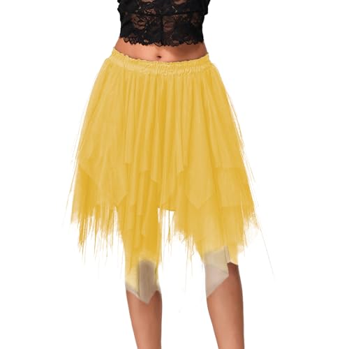 Yassiglia Damen Karneval Tüllrock Hohe Taille A-Linie Midirock Tutu Unterrock Mesh Faltenrock Ballett Party Fasching Rock Tütü Röcke Für Teenager Mädchen (Gelb, L) von Yassiglia