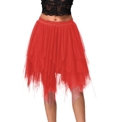 Yassiglia Damen Karneval Tüllrock Hohe Taille A-Linie Midirock Tutu Unterrock Mesh Faltenrock Ballett Party Fasching Rock Tütü Röcke Für Teenager Mädchen (Rot, XL) von Yassiglia