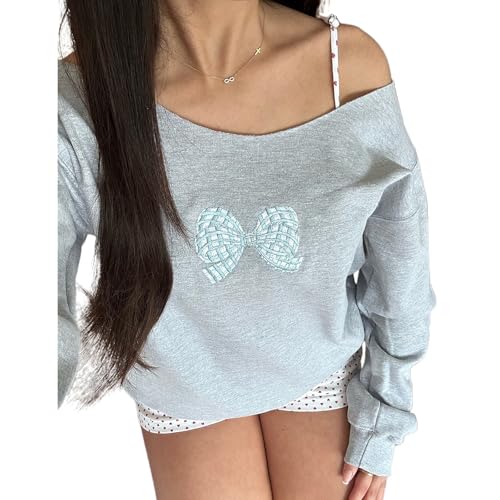Yassiglia Damen Off Shoulder Pullover Niedlich Stickerei Druck Sweatshirt Elegant One Shoulder Oberteil Loose Fit Langarmshirt Y2k Tops für Teenager Mädchen (Grau Blau, S) von Yassiglia