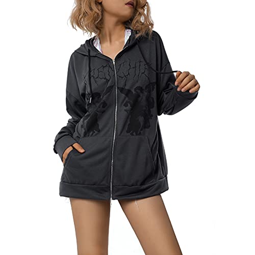 Yassiglia Damen Oversize Pullover Elegant Sweatjacke mit Kapuze Harajuku Hoodies für Teenager Mädchen Y2K Zip Up Kapuzenpullover Gothic Jacke mit Taschen (Schwarz, M) von Yassiglia