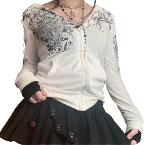 Yassiglia Damen Oversize Pullover Elegant Sweatjacke mit Kapuze Harajuku Hoodies für Teenager Mädchen Y2K Zip Up Kapuzenpullover Gothic Jacke mit Taschen (Weiß B, M) von Yassiglia