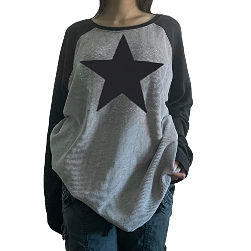 Yassiglia Damen Oversize Pullover Elegant Sweatshirt ohne Kapuze Langarmshirt mit Stern Muster Y2K Aesthetic Top für Teenager Mädchen Leicht, Bequem, Casual (Schwarz Grau, L) von Yassiglia