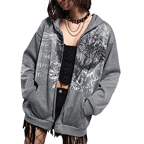 Yassiglia Damen Oversize Pullover Sweatjacke mit Kapuze Elegant Hoodies für Teenager Mädchen Y2K Zip Up Kapuzenpullover Gothic Jacke mit Taschen (A-Grau, L) von Yassiglia