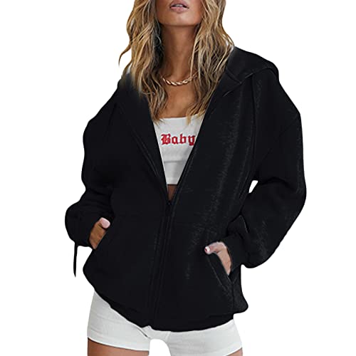 Yassiglia Damen Oversize Pullover Sweatjacke mit Kapuze Elegant Hoodies für Teenager Mädchen Y2K Zip Up Kapuzenpullover Gothic Jacke mit Taschen (A Schwarz, M) von Yassiglia