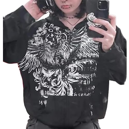 Yassiglia Damen Oversize Pullover Sweatjacke mit Kapuze Elegant Hoodies für Teenager Mädchen Y2K Zip Up Kapuzenpullover Gothic Jacke mit Taschen (A-Schwarz, XL) von Yassiglia