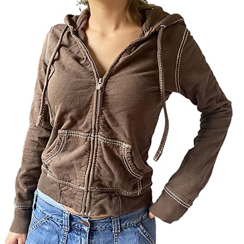 Yassiglia Damen Oversize Pullover Sweatjacke mit Kapuze Elegant Hoodies für Teenager Mädchen Y2K Zip Up Kapuzenpullover Gothic Jacke mit Taschen (Braun Kurz, S) von Yassiglia