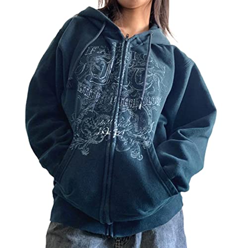 Yassiglia Damen Oversize Pullover Sweatjacke mit Kapuze Elegant Hoodies für Teenager Mädchen Y2K Zip Up Kapuzenpullover Gothic Jacke mit Taschen (Navy Blau, M) von Yassiglia