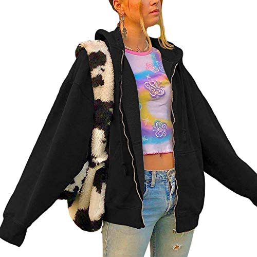 Yassiglia Damen Oversize Pullover Sweatjacke mit Kapuze Elegant Hoodies für Teenager Mädchen Y2K Zip Up Kapuzenpullover Gothic Jacke mit Taschen (Schwarz 600g, L) von Yassiglia
