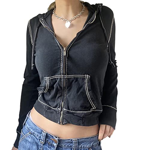 Yassiglia Damen Oversize Pullover Sweatjacke mit Kapuze Elegant Hoodies für Teenager Mädchen Y2K Zip Up Kapuzenpullover Gothic Jacke mit Taschen (Schwarz Kurz, L) von Yassiglia