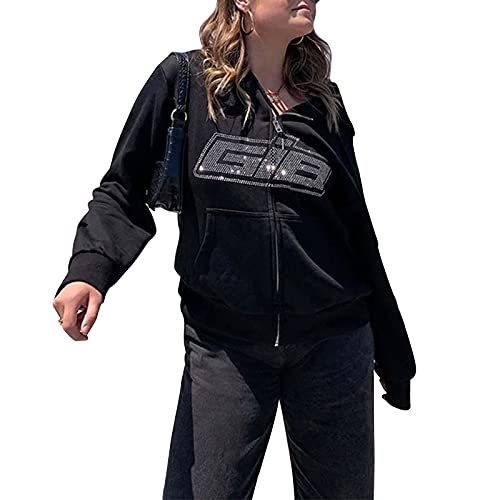 Yassiglia Damen Oversize Pullover Sweatjacke mit Kapuze Elegant Hoodies für Teenager Mädchen Y2K Zip Up Kapuzenpullover Gothic Jacke mit Taschen (Schwarz mit Buchstabe Muster, S) von Yassiglia