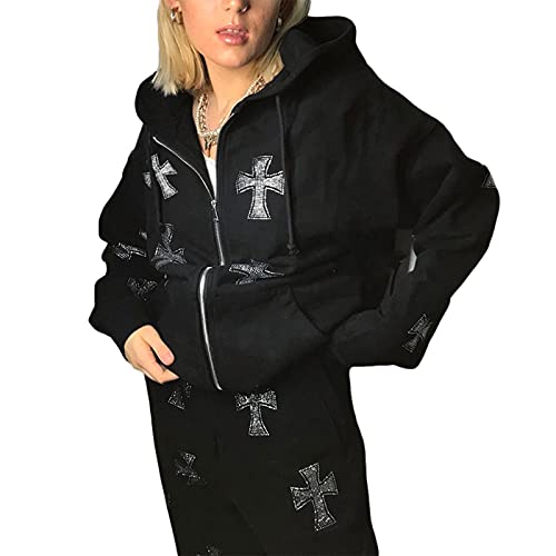 Yassiglia Damen Oversize Pullover Sweatjacke mit Kapuze Elegant Hoodies für Teenager Mädchen Y2K Zip Up Kapuzenpullover Gothic Jacke mit Taschen (Schwarz mit Kreuz Muster, L) von Yassiglia
