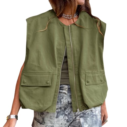 Yassiglia Damen Oversized Cargo Weste Leichte Sommerweste Sommer Ärmellos Zip Up Jacke Casual Lässige Westen Streetwear (Armee Grün, l) von Yassiglia
