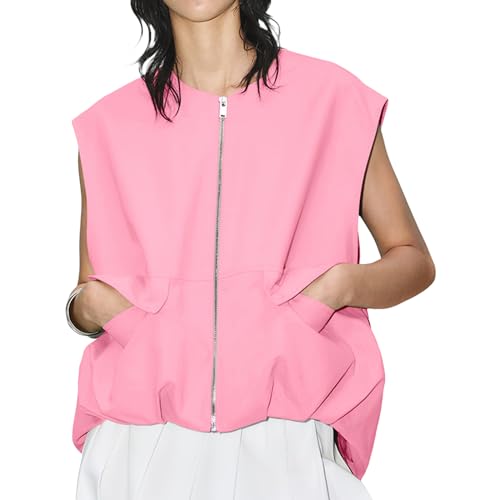 Yassiglia Damen Oversized Cargo Weste Leichte Sommerweste Sommer Ärmellos Zip Up Jacke Casual Lässige Westen Streetwear (Rosa, l) von Yassiglia