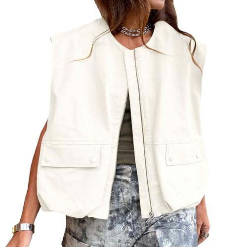 Yassiglia Damen Oversized Cargo Weste Leichte Sommerweste Sommer Ärmellos Zip Up Jacke Casual Lässige Westen Streetwear (Weiß, m) von Yassiglia