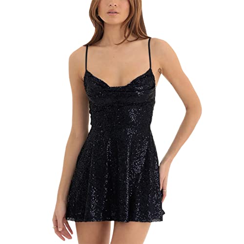 Yassiglia Damen Paillettenkleid Elegant Sommer Glitzerkleid Sexy Kurz Partykleid A-Linie Sommerkleid Rückenfrei Mini Kleid für Party Club Ball Freizeit (Schwarz, M) von Yassiglia