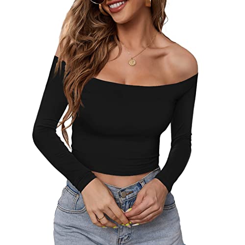 Yassiglia Damen Schulterfrei Mesh Crop Tops Rückenfrei Langarm Shirt Slim Fit T-Shirts Einfarbig Low Cut Bauchweg Oberteil (Schwarz kurz, L) von Yassiglia