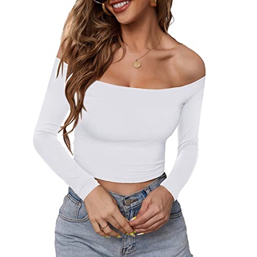 Yassiglia Damen Schulterfrei Mesh Crop Tops Rückenfrei Langarm Shirt Slim Fit T-Shirts Einfarbig Low Cut Bauchweg Oberteil (Weiß kurz, S) von Yassiglia