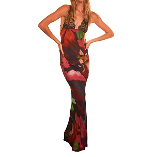 Yassiglia Damen Sexy Bodycon Maxikleid Ärmelloses Sommerkleid Aesthetic Partykleid Sommer Spaghetti-Träger Kleid für Party Club Elegant, Lang, Casual, Leicht (Blumen, S) von Yassiglia