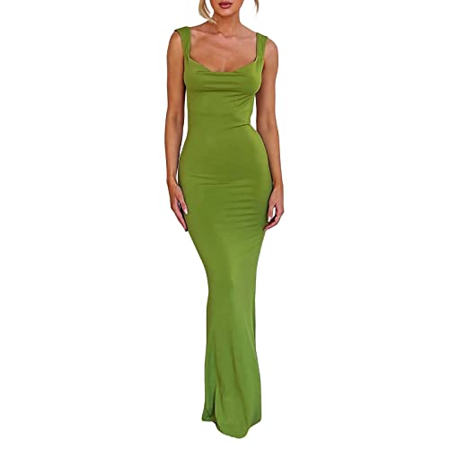 Yassiglia Damen Sexy Bodycon Maxikleid Ärmelloses Sommerkleid Aesthetic Partykleid Sommer Spaghetti-Träger Kleid für Party Club Elegant, Lang, Casual, Leicht (Grün F, S) von Yassiglia