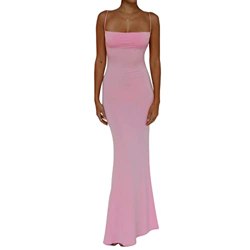 Yassiglia Damen Sexy Bodycon Maxikleid Ärmelloses Sommerkleid Aesthetic Partykleid Sommer Spaghetti-Träger Kleid für Party Club Elegant, Lang, Casual, Leicht (Rosa Rückenfrei, M) von Yassiglia