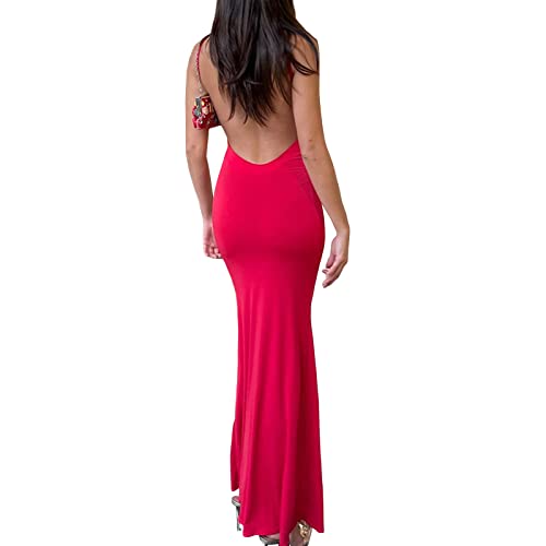 Yassiglia Damen Sexy Bodycon Maxikleid Ärmelloses Sommerkleid Aesthetic Partykleid Sommer Spaghetti-Träger Kleid für Party Club Elegant, Lang, Casual, Leicht (Rot Rückenfrei, S) von Yassiglia