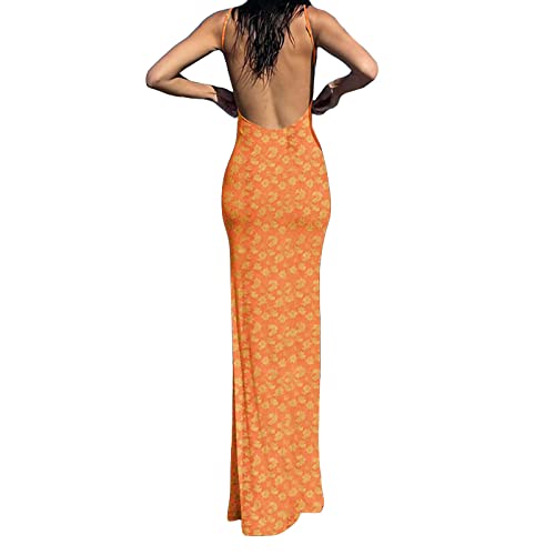 Yassiglia Damen Sexy Bodycon Maxikleid Tiefe Ausschnitt Spaghetti-Träger Kleid Sommer Cami Kleid für Party Club Streetwear Elegant, Casual, Sexy, Lang, Rückenfrei (Orange A, M) von Yassiglia