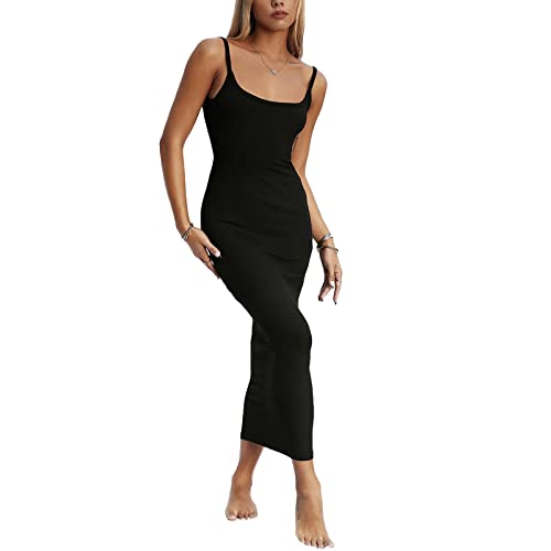 Yassiglia Damen Sexy Bodycon Maxikleid Tiefe Ausschnitt Spaghetti-Träger Kleid Sommer Cami Kleid fürParty Club Streetwear Elegant, Casual, Sexy, Lang (Schwarz B, S) von Yassiglia