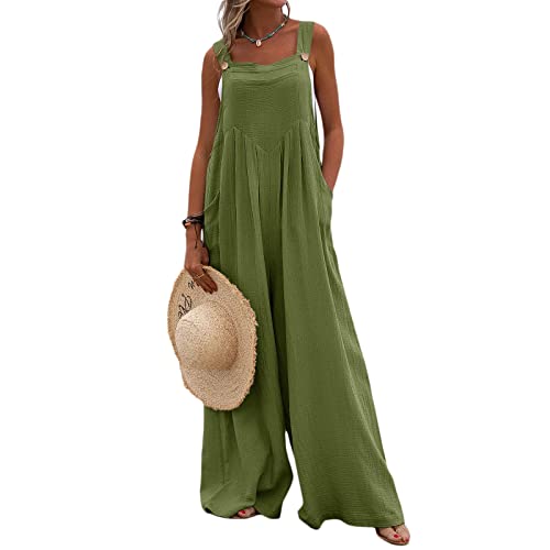 Yassiglia Damen Sommer Elegant Ärmellos Jumpsuit Lang Weites Bein Freizeithose mit Taschen Lässig Locker Hosenanzug für Frauen Strand Overall Große Größe (Dunkelgrün, Medium) von Yassiglia