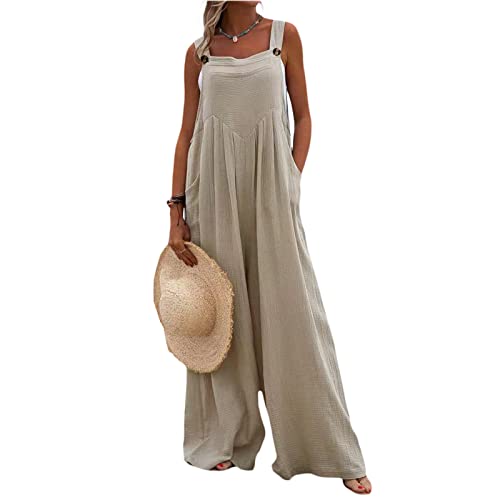 Yassiglia Damen Sommer Elegant Ärmellos Jumpsuit Lang Weites Bein Freizeithose mit Taschen Lässig Locker Hosenanzug für Frauen Strand Overall Große Größe (Khaki, Large) von Yassiglia