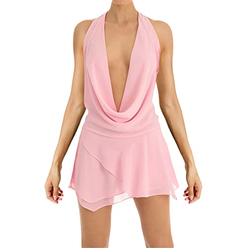 Yassiglia Damen Sommer Kleid Kurz Minikleid A Linie Slingkleid Elegant Sommerkleid Sexy Low Cut Y2K Partykleid Ärmelloses Rückenfreies Etuikleid (A Rosa, M) von Yassiglia