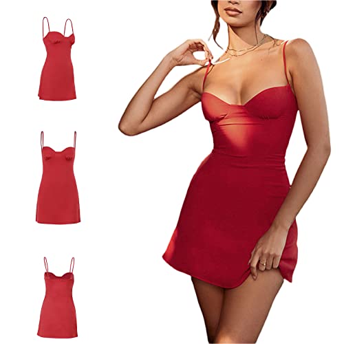 Yassiglia Damen Sommer Kleid Kurz Minikleid A Linie Slingkleid Elegant Sommerkleid Sexy Low Cut Y2K Partykleid Ärmelloses Rückenfreies Etuikleid (Rot, L) von Yassiglia